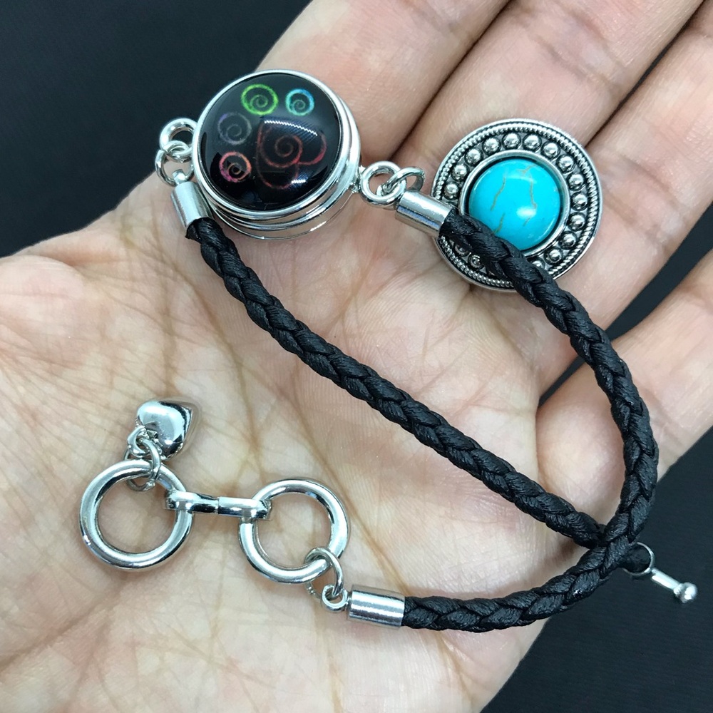 Silver tone & black  braided cord toggle clasp bracelet | heart & Blue Cabochon